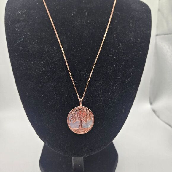 Tree Of Life Rose Gold Necklace Mother Of Pearl Pendant 18" Chain Sterling 925 G - Picture 3 of 5